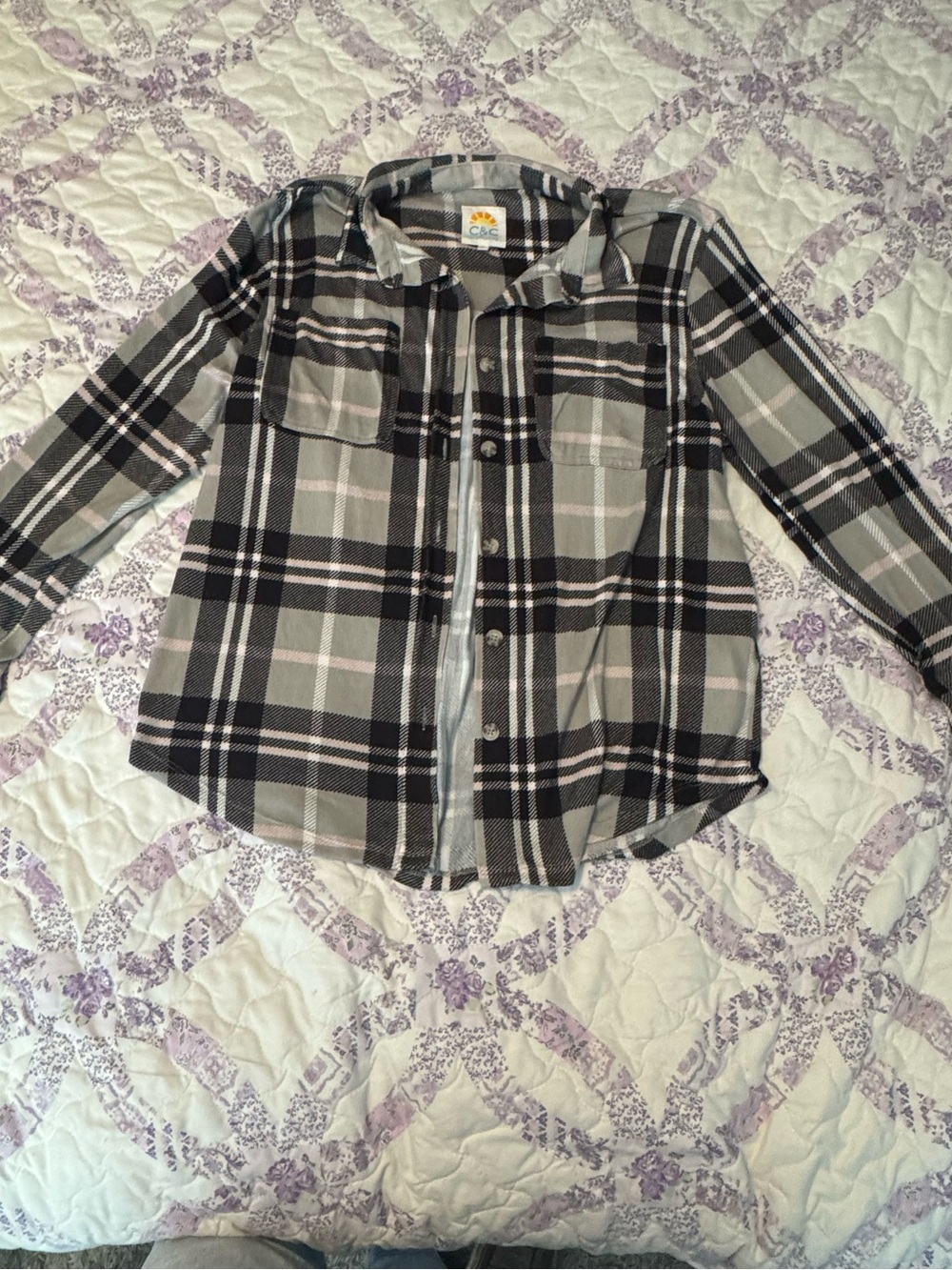 C&C California Black, Gray & White Plaid Button-Down Shirt